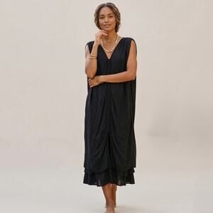 MIRTH Ruched Tassel Caftan Midi Dress Dark Navy Boho Resort Ruffle S/M